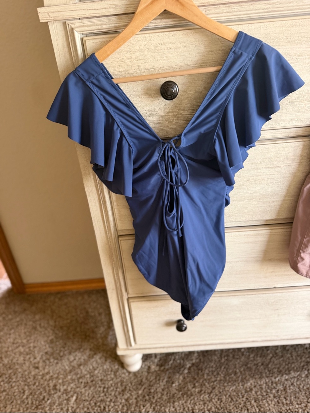Ruffle-Shoulder Navy One-Piece Swimsuit with Front Tie